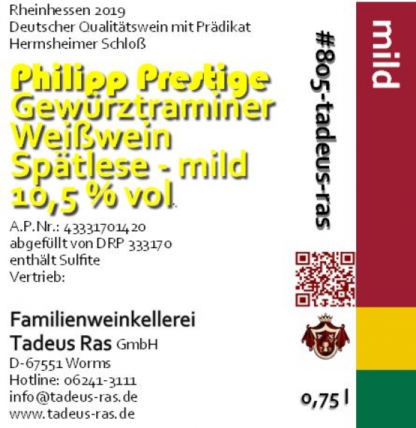 Gewürztraminer - Phillipp Prestige - Spätlese mild 2019